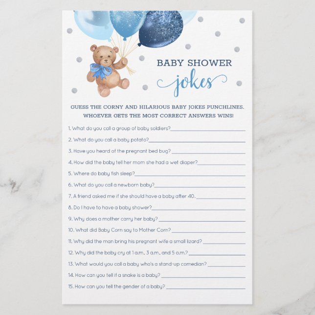Papier Baby shower Bébé plaisanteries Jeu Teddy Bear Bleu (Devant)