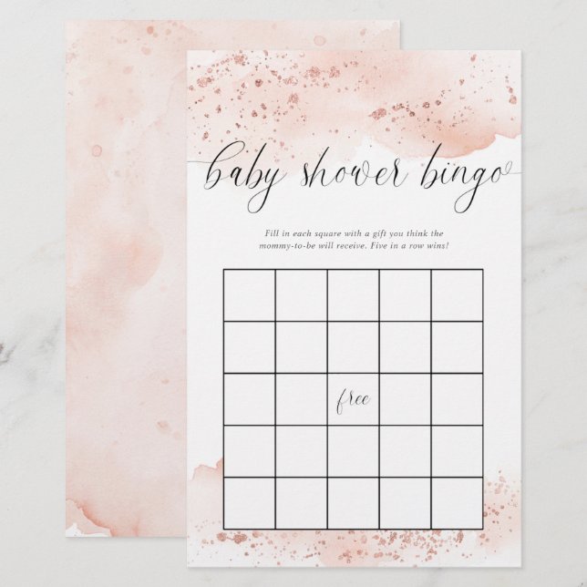 Papier Baby shower bingo aquarelle rose or rose (Devant / Derrière)