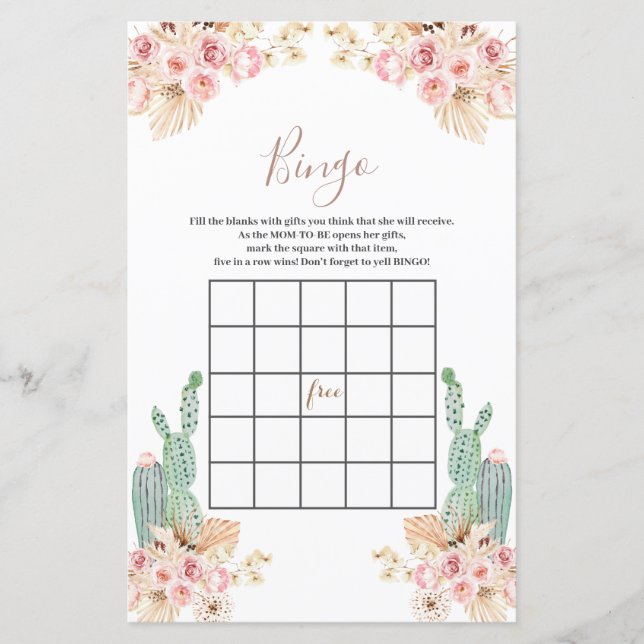 Papier Baby shower Bingo Boho Cactus Fleurs roses (Devant)