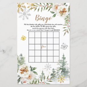 Papier Baby shower Bingo Hiver Blanc Floral Pins Arbres