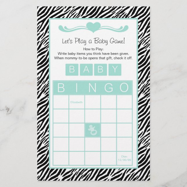 Papier Baby shower Bingo Jeu Chic Aqua Mint Zebra (Devant)