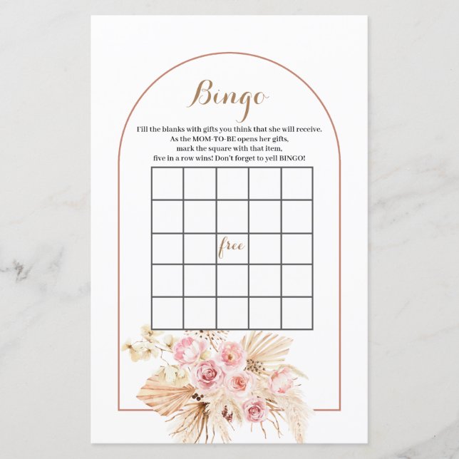 Papier Baby shower Bingo Jeu Rose Floral Pampas (Devant)