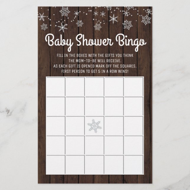 Papier Baby shower Bingo Rustic Snowflake Baby Bingo Card (Devant)