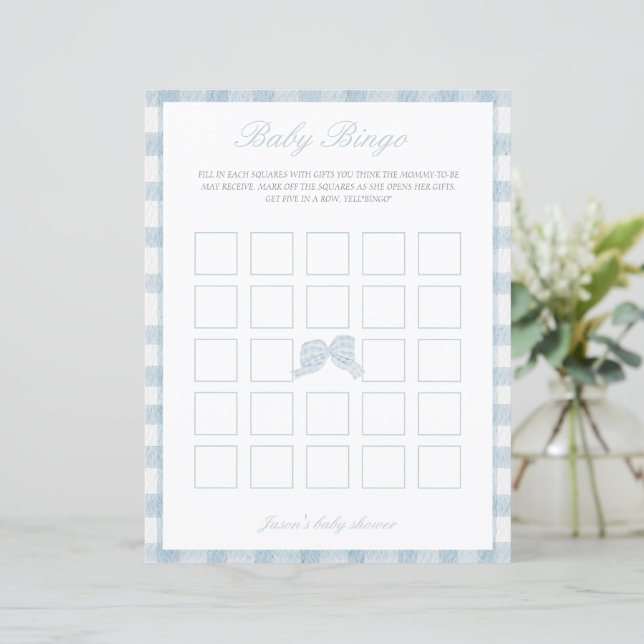 Papier Baby shower bleu bingo (Debout devant)