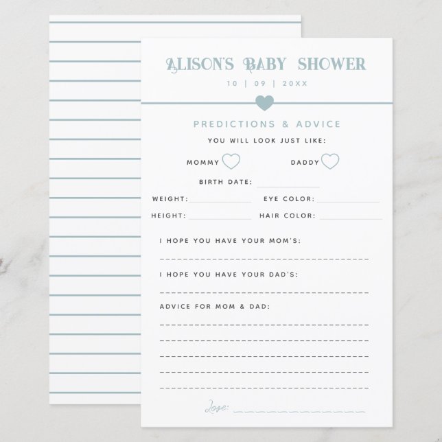 Papier Baby shower bleu moderne Conseils et prédictions (Devant / Derrière)