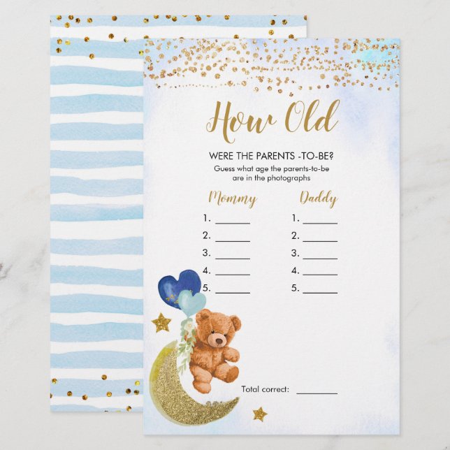 Papier Baby shower Bleu Quel âge avaient les parents (Devant / Derrière)