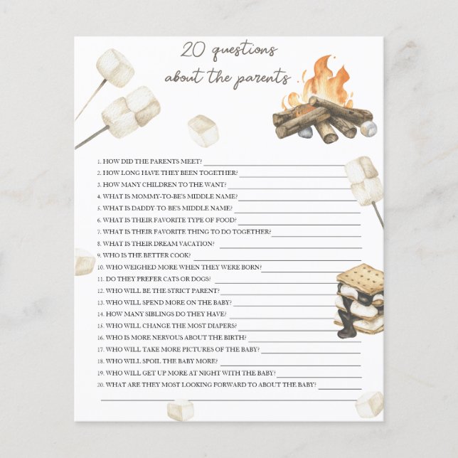 Papier Baby shower Bonfire - 20 questions sur parent (Devant)