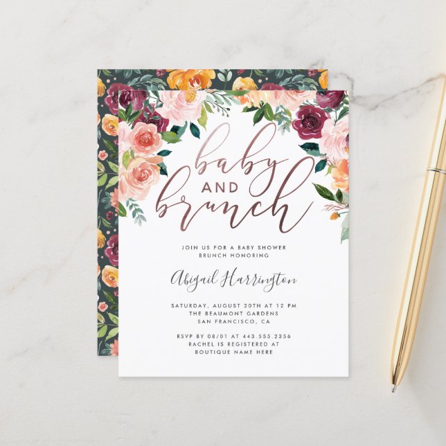 Papier Baby Shower Brunch Fleur Rose Gold pas Cher (Devant/Arrière en situation)