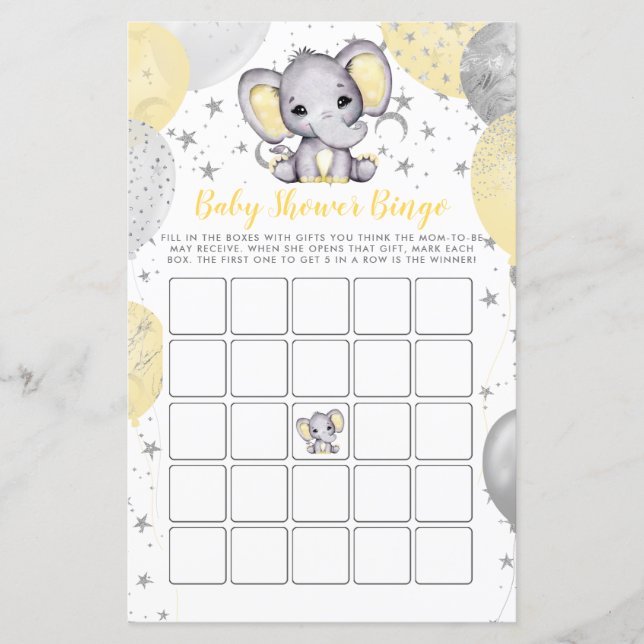 Papier Baby shower Budget Bingo Jaune Eléphant Jeu (Devant)