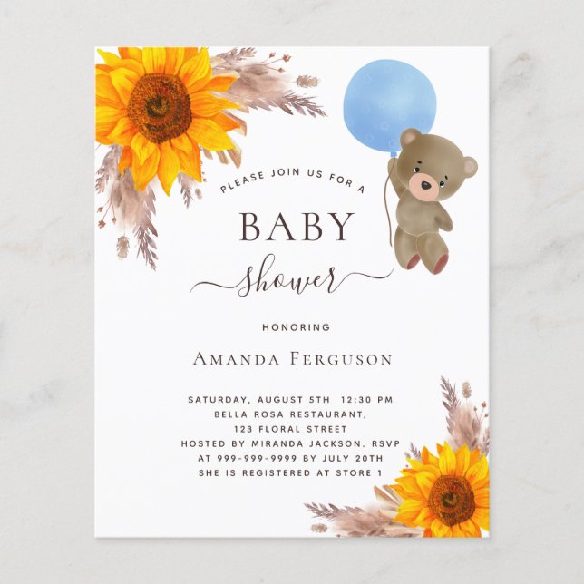 Papier Baby shower budget pampas tournesol ours garcon (Devant)