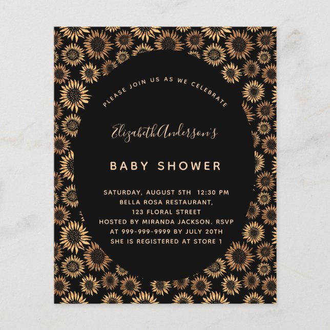Papier Baby Shower Budget tournesols noir or (Devant)