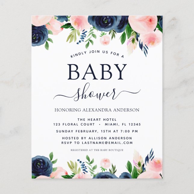 Papier Baby shower budgétaire Invitations florales rose b (Devant)