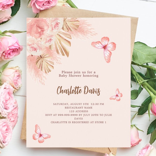 Papier Baby shower budgétaire Papillons pampas invitation (Créateur téléchargé)
