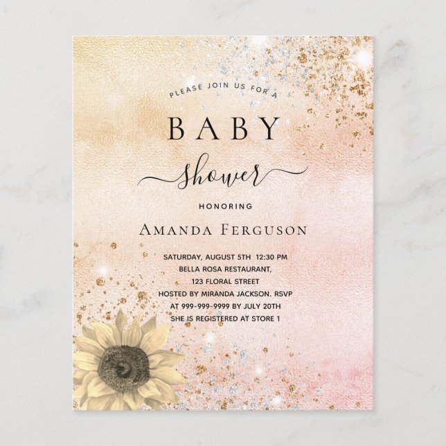 Papier Baby shower budgétaire rose or invitation tourneso (Devant)