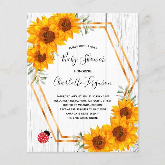 Papier Baby shower budgétaire tournesol ladybug invitatio (Devant)