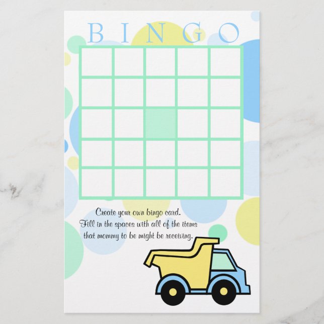 Papier Baby shower Camions de construction Bingo (Devant)