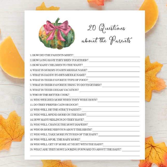 Papier baby shower citrouille - 20 Questions sur les pare (Créateur téléchargé)