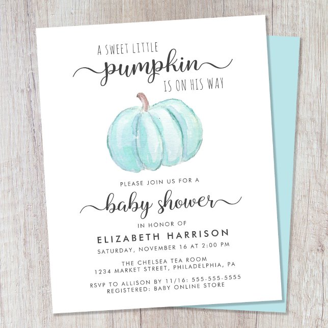 Papier Baby shower Citrouille bleu Aquarelle Invitation (Celebrate the upcoming arrival of your little autumn baby boy with a pumpkin-themed baby shower)
