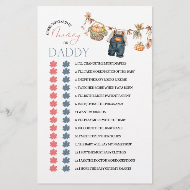 Papier Baby shower Citrouille moderne maman ou papa jeu (Devant)