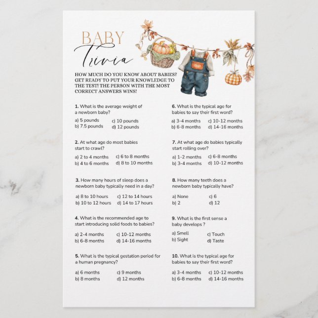 Papier Baby shower Citrouille moderne Trivia Jeu (Devant)