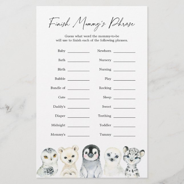 Papier Baby shower d'animaux arctiques terminer la phrase (Devant)
