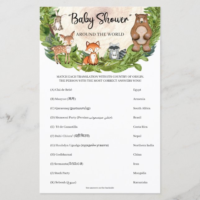 Papier Baby shower d'animaux des bois autour du monde (Devant)
