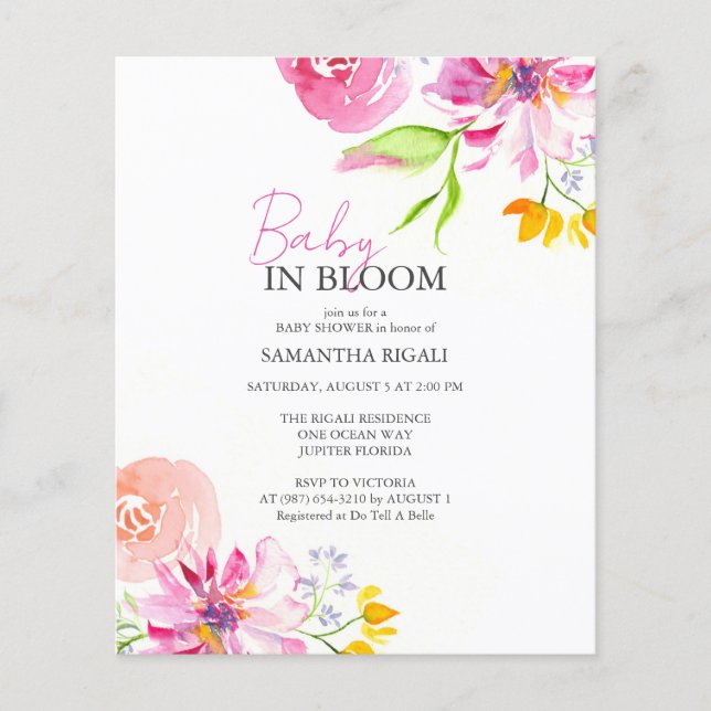 Papier Baby shower D'Aquarelle Budget Bébé En Fleur (Devant)