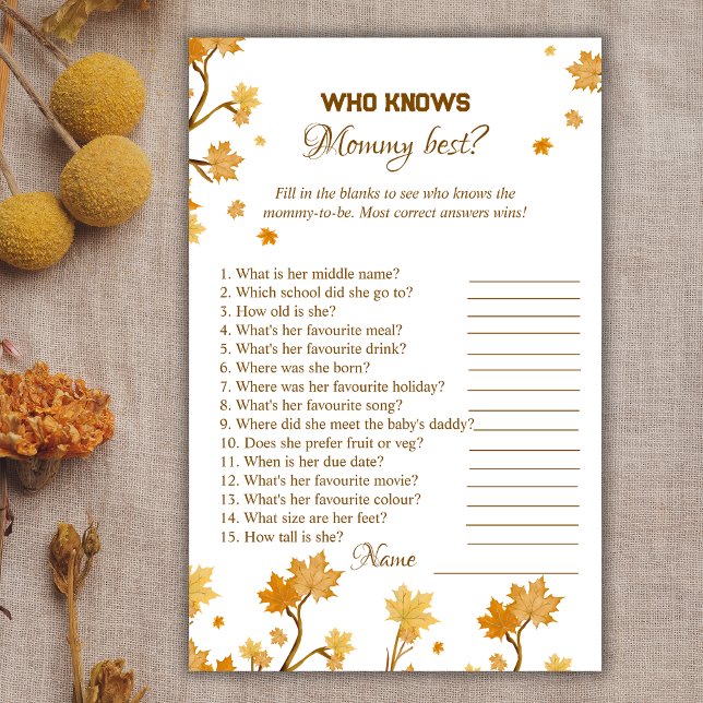 Papier Baby shower D'Automne Amusant Qui Connaît Maman Le (Créateur téléchargé)