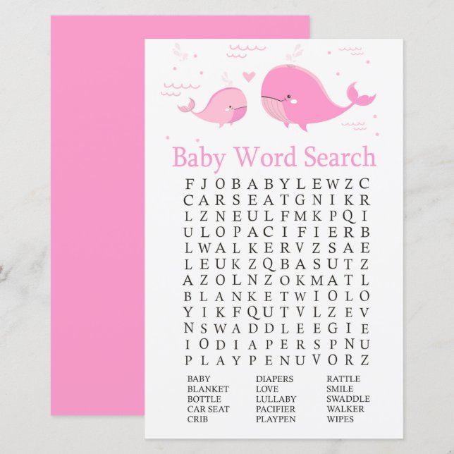 Papier Baby shower de baleine rose Mot de recherche Jeu (Devant / Derrière)
