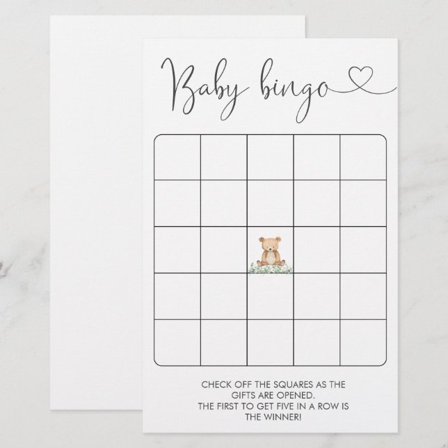 Papier Baby shower de Bingo en Teddy Bear de verdure (Devant / Derrière)