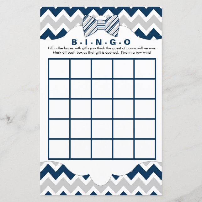 Papier Baby shower de bingo jeux, cravate arc gris marine (Devant)