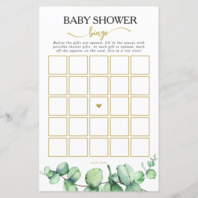 Papier Baby shower de bingo moderne Eucalyptus jeu de bin (Devant)