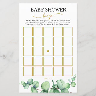 Papier Baby shower de bingo moderne Eucalyptus jeu de bin