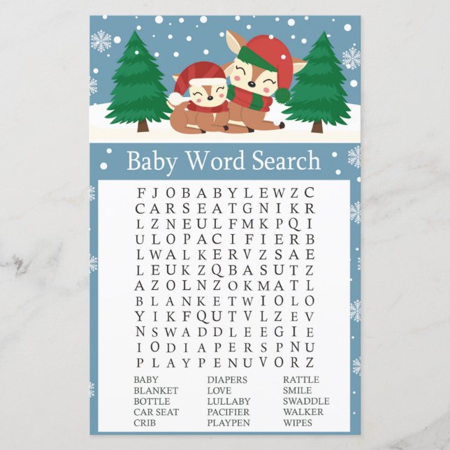 Papier Baby shower de cerf de Noël Mot de recherche Jeu (Devant)