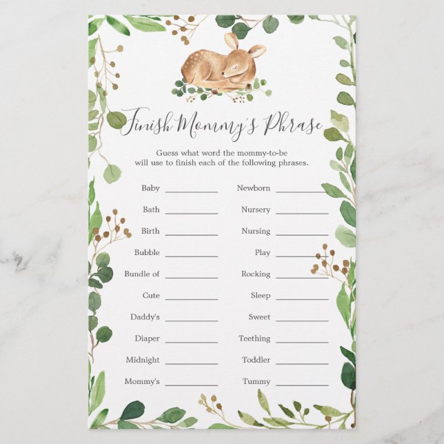 Papier Baby shower de cerfs terminer la phrase de maman (Devant)
