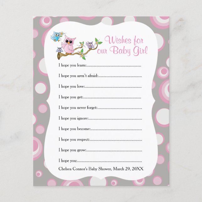 Papier Baby shower de Chouette rose et gris - Voeux (Devant)