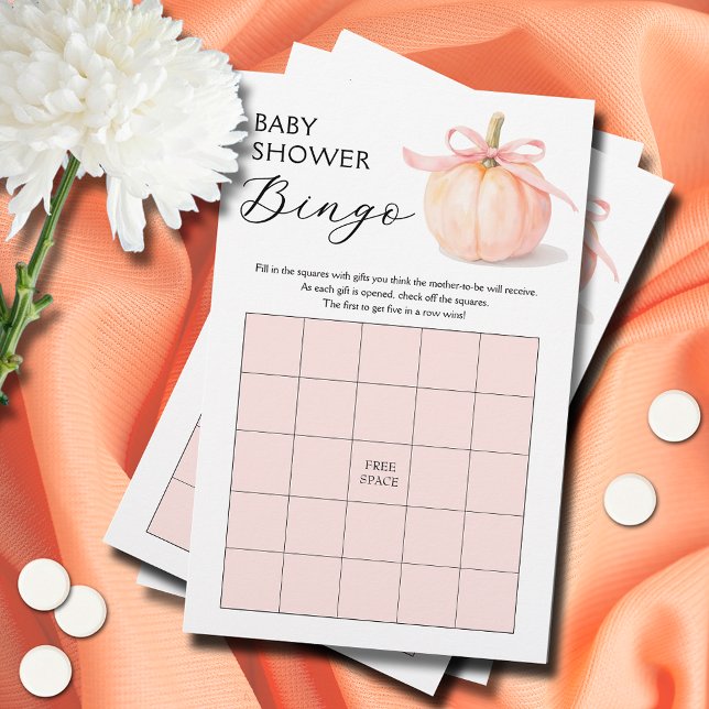 Papier Baby shower de Citrouille de  rose (Pink ribbon and bow pumpkin girl baby shower bingo game cards)