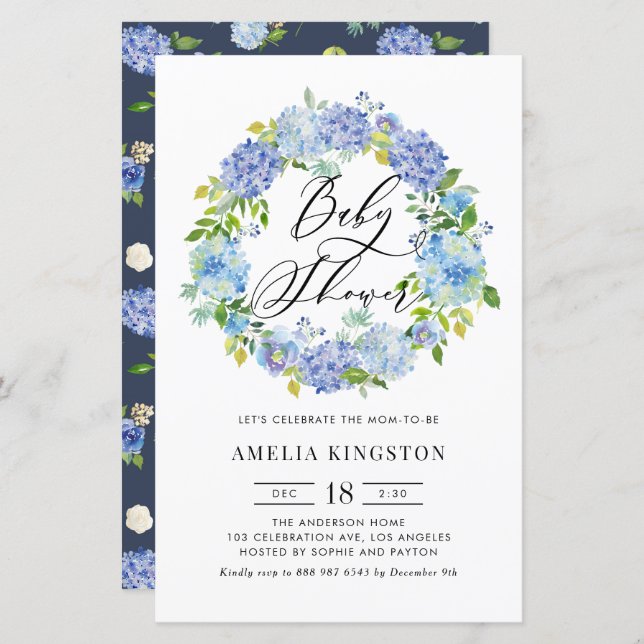 Papier Baby shower de couronne bleu Hydrangea Invitation (Devant / Derrière)