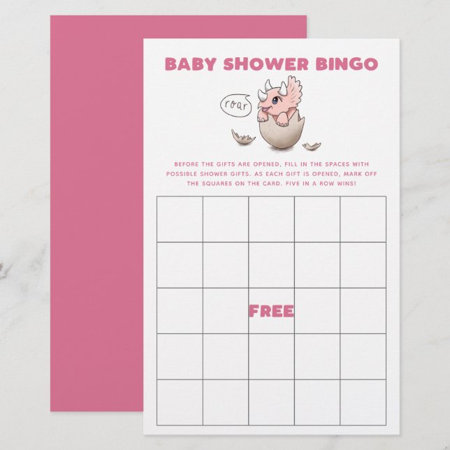 Papier Baby shower de dinosaure rose Jeu de Bingo (Devant / Derrière)