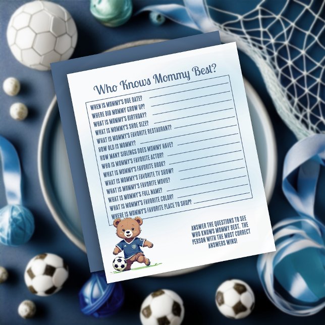 Papier Baby shower De Football Qui Connaît Maman Meilleur (Cute Blue Teddy Bear Soccer Player Boy Baby Shower "Who Knows Mommy Best?" Game Card)