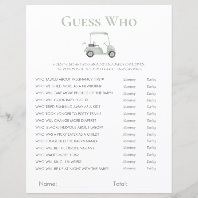 Papier baby shower de golf vert sage deviner qui jeu (Devant)
