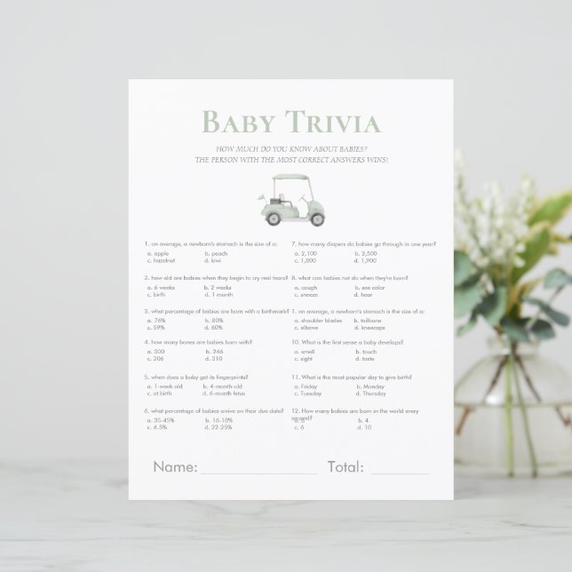 Papier baby shower de golf vert sauge jeu trivia (Debout devant)