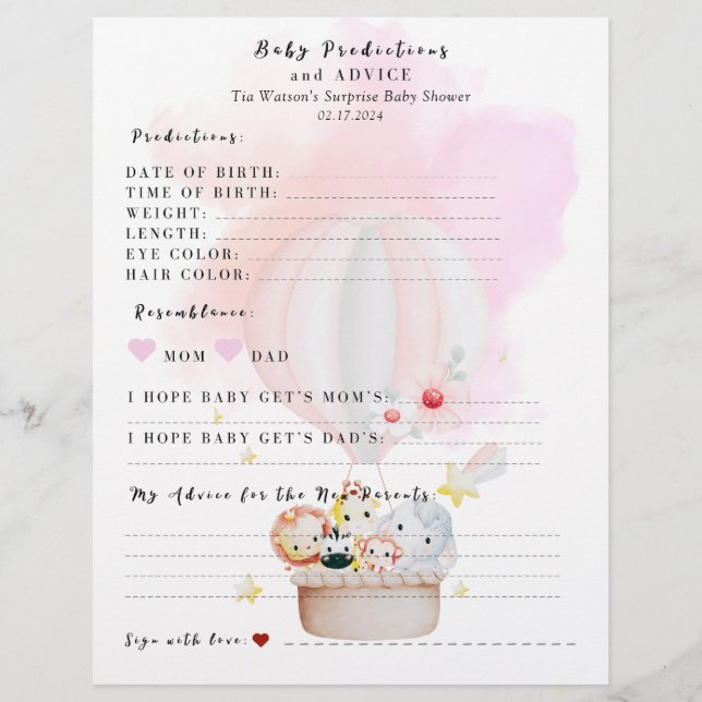 Papier Baby shower de jeu prédiction et conseil pour bébé (Devant)