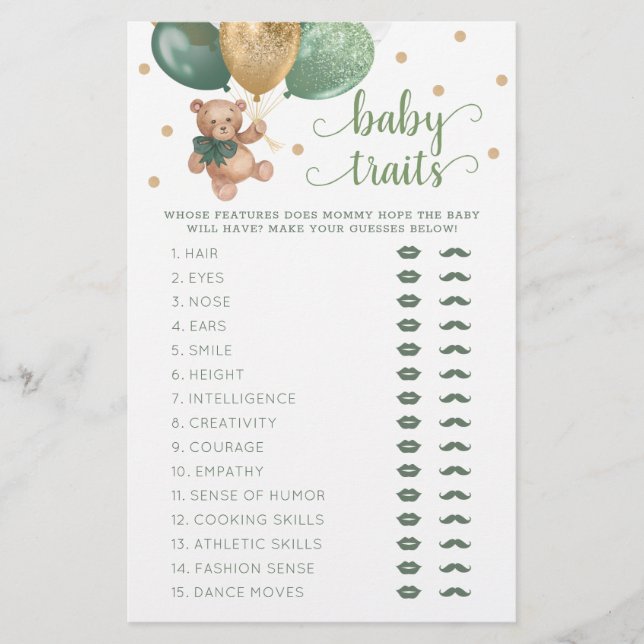 Papier Baby shower de jeu Teddy Bear Baby Traits (Devant)