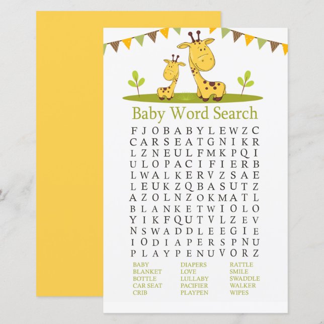 Papier Baby shower de la girafe de mûre Mot de recherche  (Devant / Derrière)