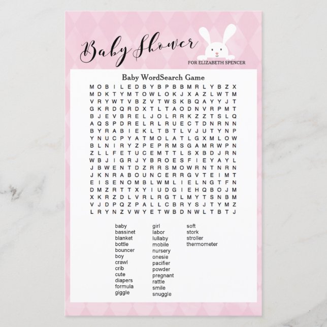 Papier Baby shower de lapin rose Nom animal jeu (Devant)