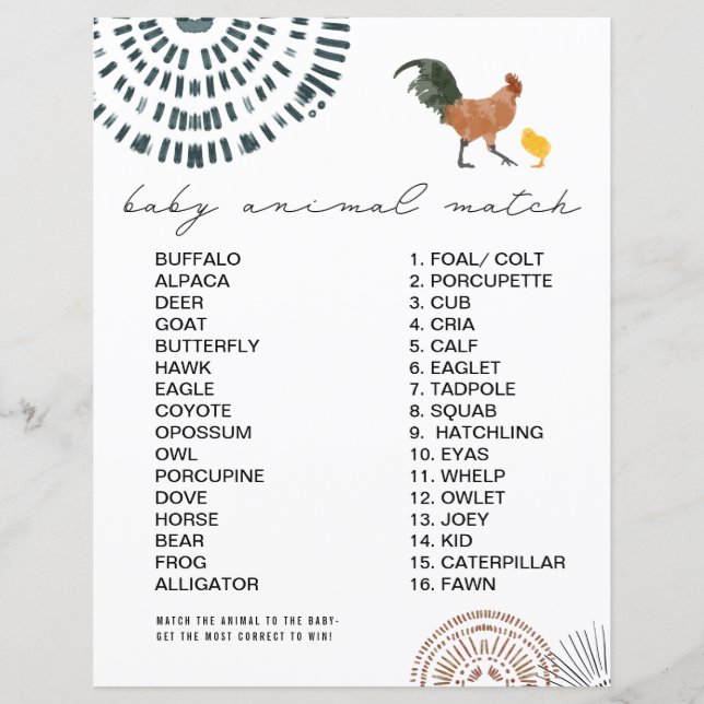 Papier Baby shower de poulet Animal match Jeu (Devant)