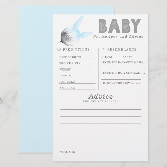 Papier Baby shower de prédictions et conseils pour bébés  (Devant / Derrière)