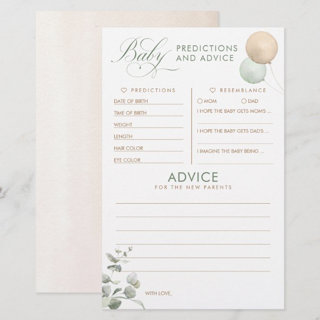 Papier Baby shower de prédictions et conseils pour bébés  (Devant / Derrière)