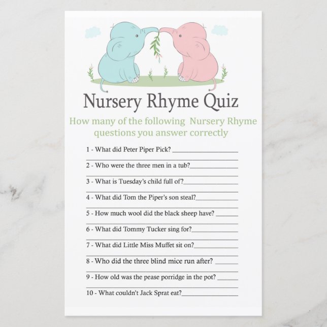 Papier Baby shower de quiz Blue Pink Elephant Nursery Rhy (Devant)